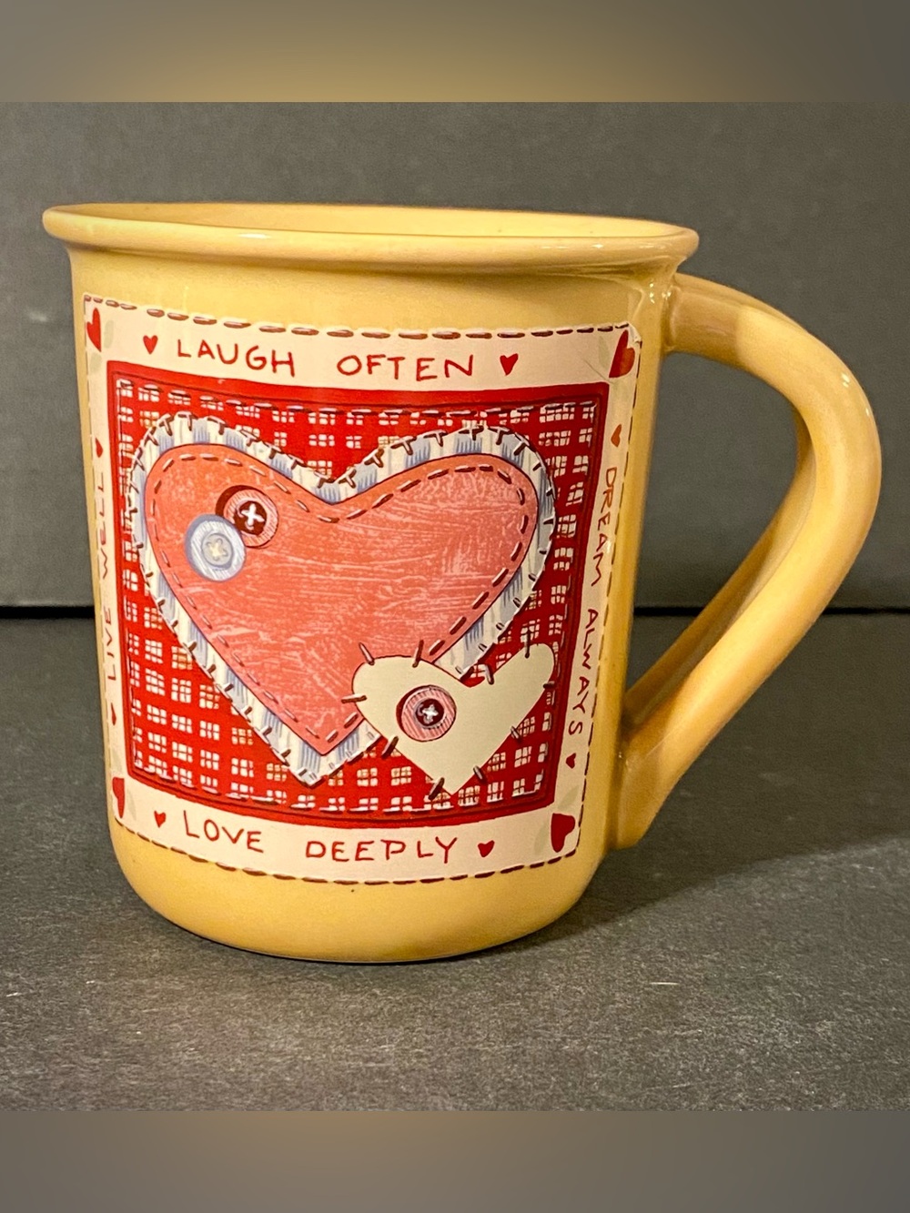 Vintage Russ Yellow/Tan Mug with Red Heart Patch Design Laugh Often Love Deeply